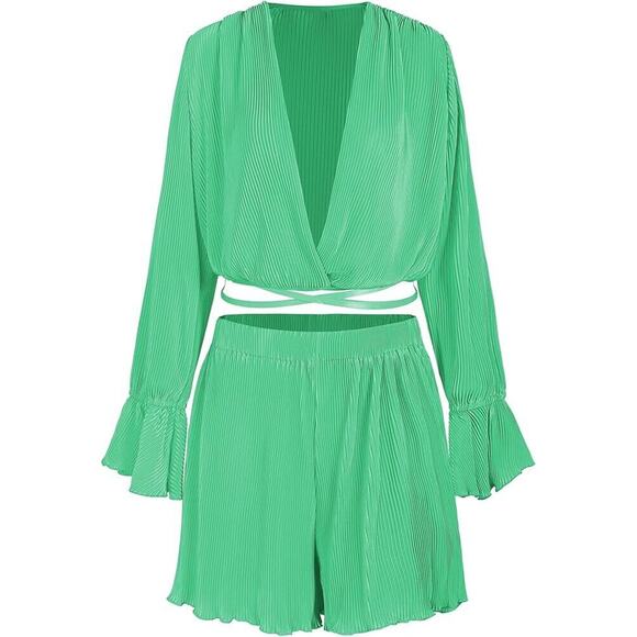 Zaful Women's Top Sz Medium Green Cropped Blouse Coverup Bell Sleeve Low V-neck - Picture 9 of 16